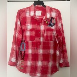 Upcycled flannel shirt featuring peace and love